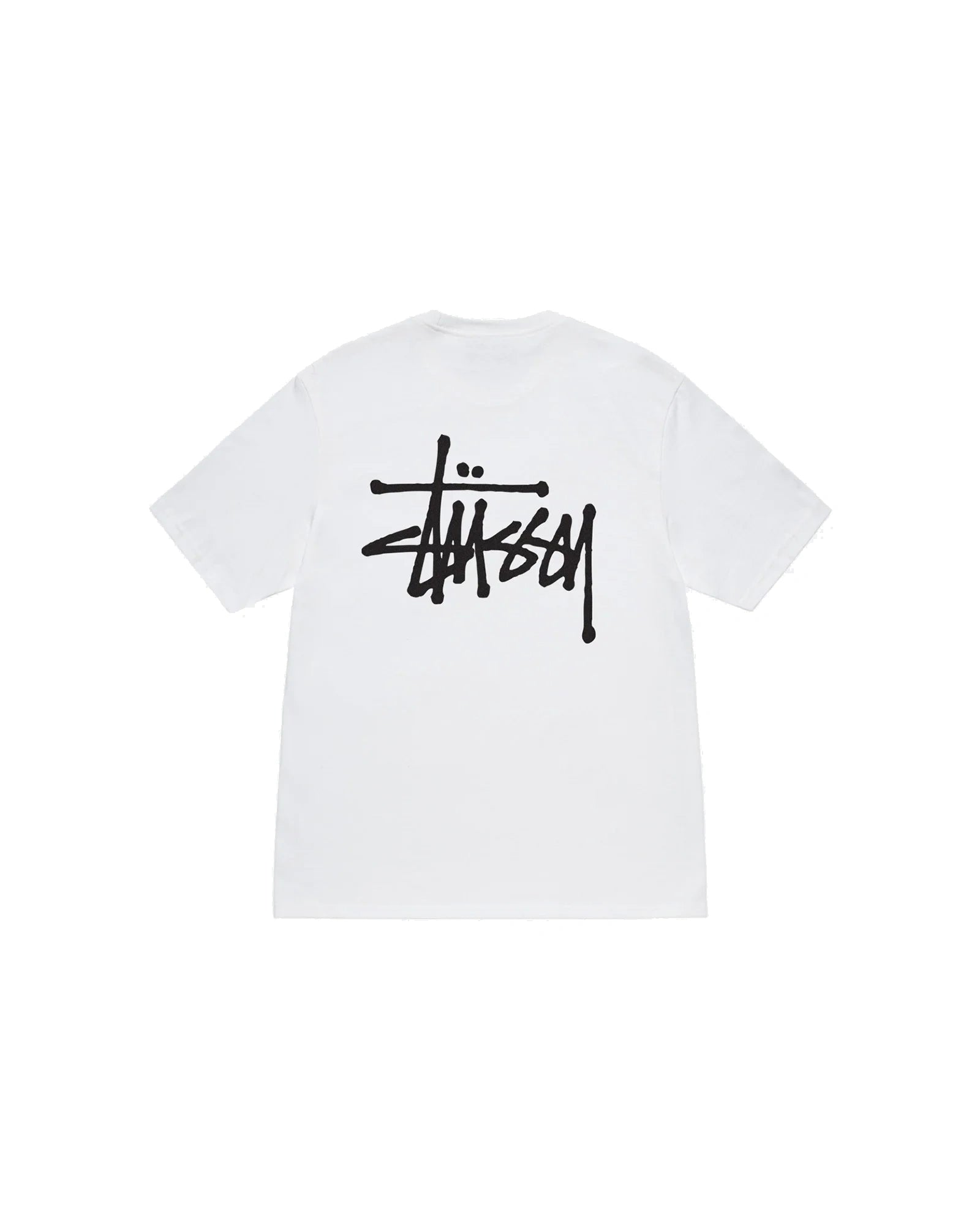 Stussy Basic T-shirt Hvid med ikonisk logo – en simpel og stilfuld t-shirt til både mænd og kvinder.