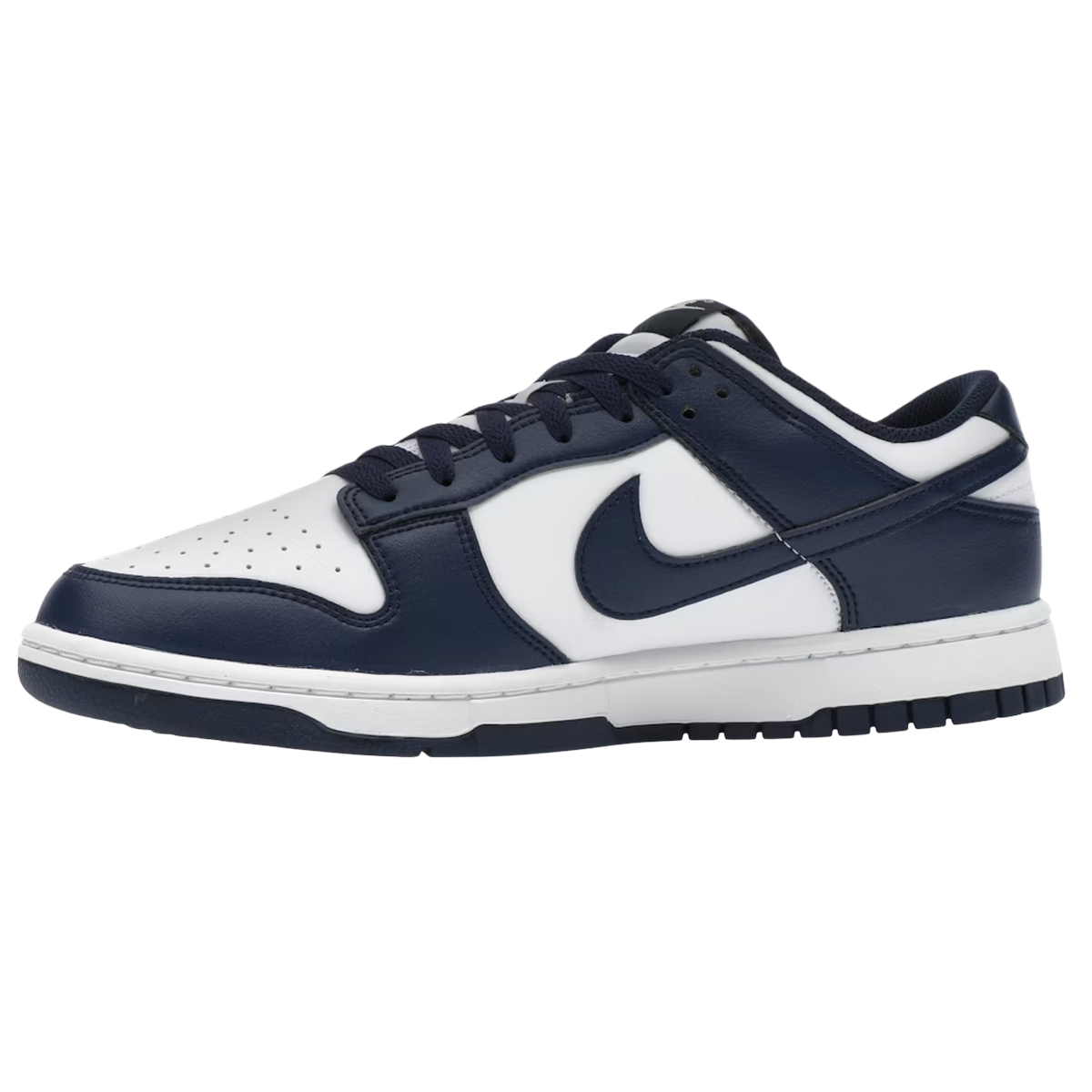 Nike Dunk Low White Midnight Navy sneakers i sideprofil med klassiske marineblå detaljer, hvid læderoverdel og hvid mellemsål med gummiydersål.